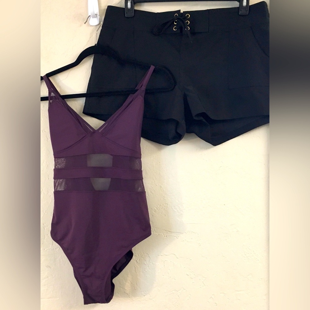 Bleu Rod Beattie One Piece Swimsuit + Board Swim Shorts 12/L Purple Vacation